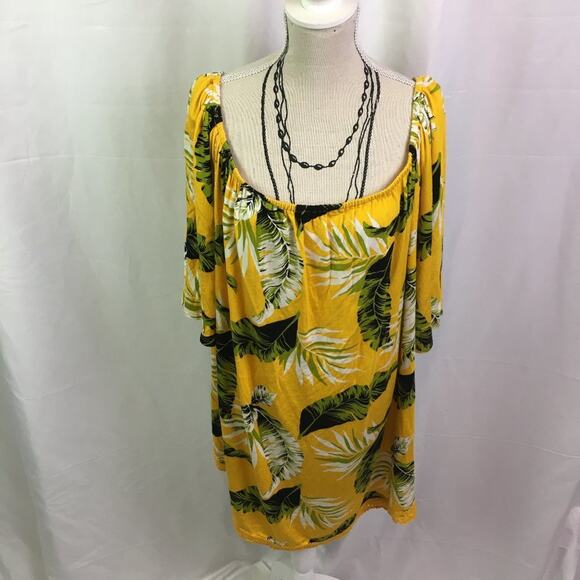 Lone & Lux Leaf Pattern Top Yellow Green 1X - Picture 1 of 15